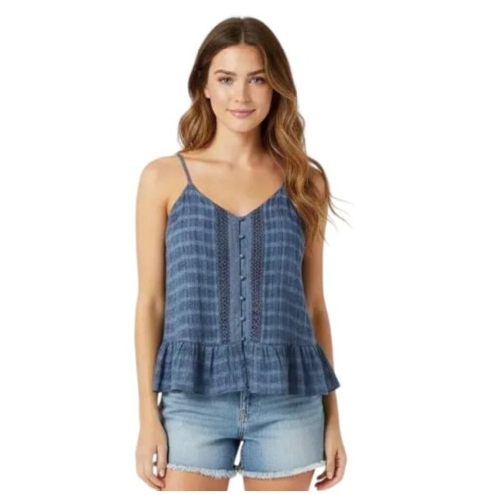MISS ME Women's Blue Plaid Crochet Button-Up Peplum Cami Top Size Small NWT